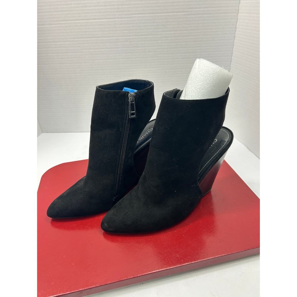 Charles David Suede‎ Wedge Booties 10M Black Open Back Cutout Minimal Chic Edgy